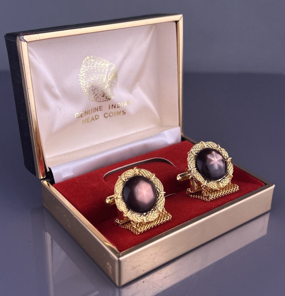 Brown Star Cabochon Wreath Wrap Around Cufflinks Gold Tone Round NOS Vintage